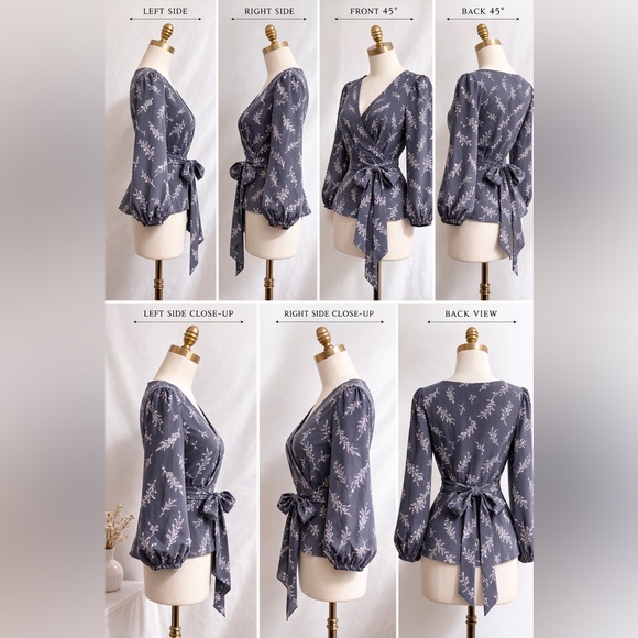 LOFT Floral Wrap Blouse Gray Pink Tie Waist Long Sleeve Size L NWT - Picture 3 of 10